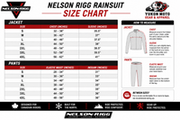 Nelson-Rigg Motorcycle Rainsuit Size Chart featuring the Nelson-Rigg and Yukon Moto Gear & Apparel logos. The chart includes separate sizing tables for the rain jacket and rain pants. Jacket sizing lists chest and sleeve measurements for sizes Small through 4XL, while the pants chart includes elastic waist and inseam measurements for the same size range. A measurement guide illustrates how to measure chest, sleeve, elastic waist, and inseam for the best fit. The infographic recommends sizing up for added co