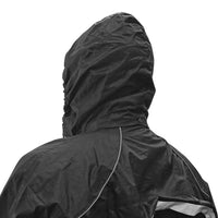 Close-up rear view of the Nelson-Rigg STORMRIDER motorcycle rain jacket with the waterproof hood deployed. Features a high storm collar, adjustable hood, and reflective piping for enhanced weather protection and increased visibility while riding in wet conditions.