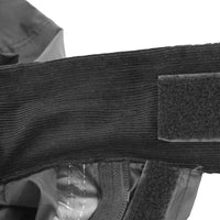 Close-up of the Nelson-Rigg STORMRIDER motorcycle rain jacket featuring a soft corduroy-lined comfort collar with adjustable hook-and-loop (Velcro) neck closure, designed to improve comfort and provide a secure, weather-resistant seal in wet riding conditions.