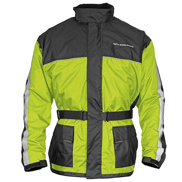 A green and black Nelson-Rigg motorcycle rain jacket with reflective material, a full-length zipper, adjustable side buckles, and large waterproof outer pockets.