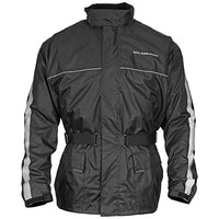 A  black Nelson-Rigg motorcycle rain jacket with reflective material, a full-length zipper, adjustable side buckles, and large waterproof outer pockets.