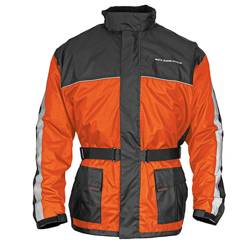 ANn orange and black Nelson-Rigg motorcycle rain jacket with reflective material, a full-length zipper, adjustable side buckles, and large waterproof outer pockets.