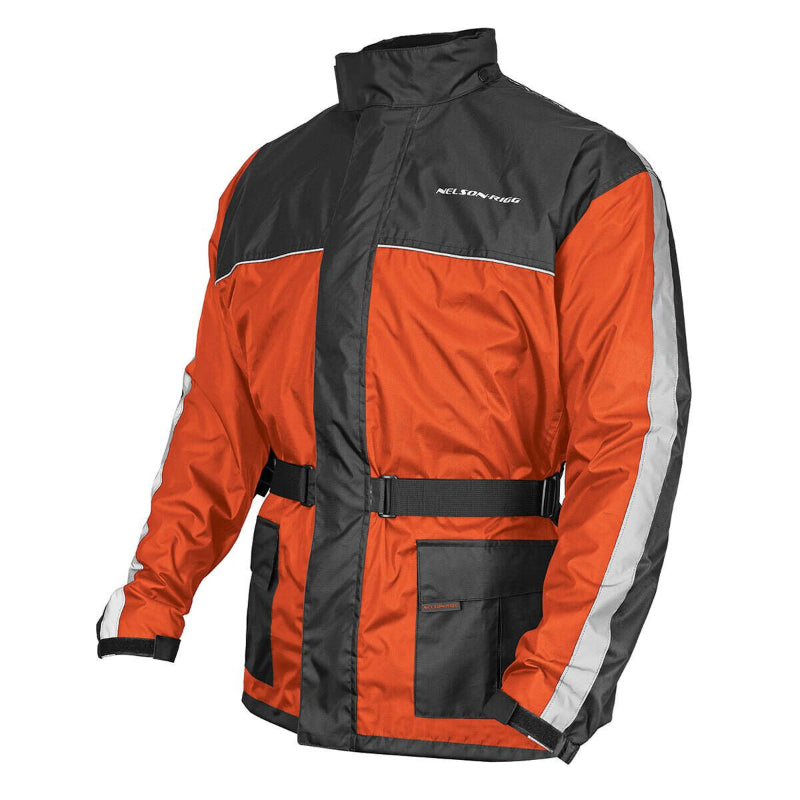 Angled front view of the Nelson-Rigg SSJ SOLO STORM Motorcycle Rain Jacket in Orange and Black. This waterproof motorcycle rain jacket features a storm flap front zipper, reflective sleeve and chest accents, adjustable waist belt, hook-and-loop cuffs, and large front cargo pockets. Designed to fit over riding gear, it delivers dependable rain, wind, and weather protection for touring, commuting, and adventure motorcycle riding.