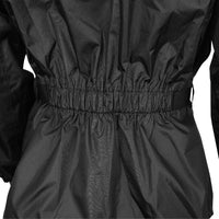 Close-up rear view of the Nelson-Rigg SSJ SOLO STORM Motorcycle Rain Jacket featuring an elasticized waist with adjustable side straps for a secure, comfortable fit over motorcycle riding gear. The waterproof black rain jacket is designed to reduce wind flap while improving comfort and weather protection during wet-weather rides.