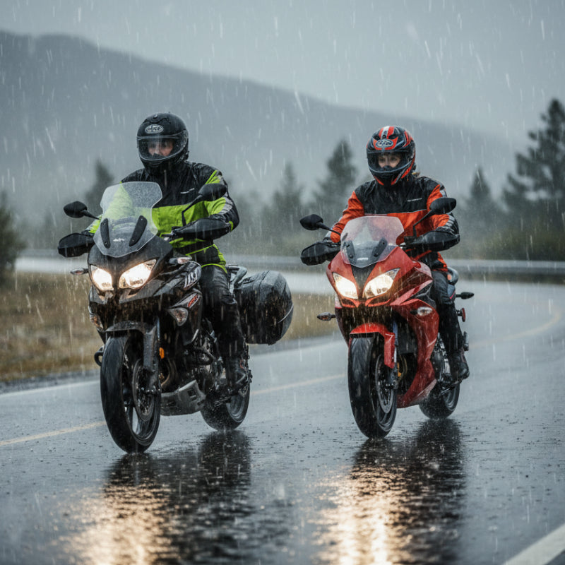 Two motorcyclists riding through heavy rain wearing Nelson-Rigg SOLO STORM Motorcycle Rain Jackets. One rider wears a high-visibility black and fluorescent yellow waterproof jacket, while the other wears a black and orange version. Designed for touring, commuting, and wet-weather riding, these lightweight waterproof motorcycle rain jackets provide wind protection, reflective visibility, and dependable all-weather performance.