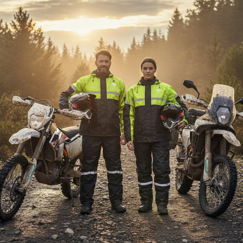 Man and woman wearing the Nelson-Rigg STORMRIDER 2-piece hi-vis yellow motorcycle rain suit standing beside muddy dual-sport adventure motorcycles on a forest trail at sunset. Riders are holding helmets while wearing waterproof, reflective rain gear designed for touring, commuting, and adventure riding in wet conditions.