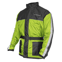 Angled front view of the Nelson-Rigg SSJ SOLO STORM Motorcycle Rain Jacket in Hi-Viz Yellow and Black. This lightweight waterproof motorcycle rain jacket features a high-visibility fluorescent yellow shell, reflective sleeve and chest accents, adjustable waist belt, storm flap front zipper, hook-and-loop cuffs, and large front cargo pockets. Designed to fit over motorcycle riding gear, it provides reliable rain, wind, and weather protection for touring, commuting, and adventure riding.