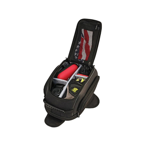 Nelson-Rigg Commuter Sport motorcycle tank bag opened to display customizable padded dividers, spacious storage compartment, internal mesh zippered pocket, and organized space for riding gear, electronics, and personal essentials.