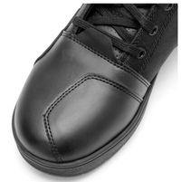 Close-up of the OZONE Spin black motorcycle boot showing the reinforced toe area, durable stitched overlay, lace-up closure and mixed textile construction designed for added protection while riding.