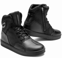 OZONE Spin black motorcycle boots shown from front and side, featuring a high-top design, lace-up closure, side zipper, reinforced toe and heel panels, padded ankle support and flat riding sole.