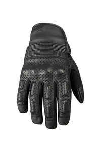 Black glove with textured palm and perforated design on a white background