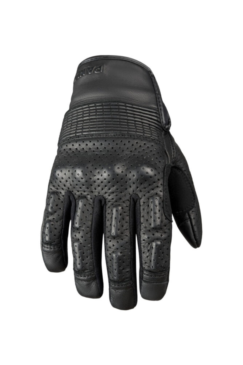 Black glove with textured palm and perforated design on a white background