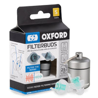 Oxford Filterbuds packaging with earplugs and container on a white background