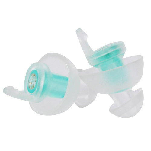 Pair of clear earplugs with green rubber tips on a white background