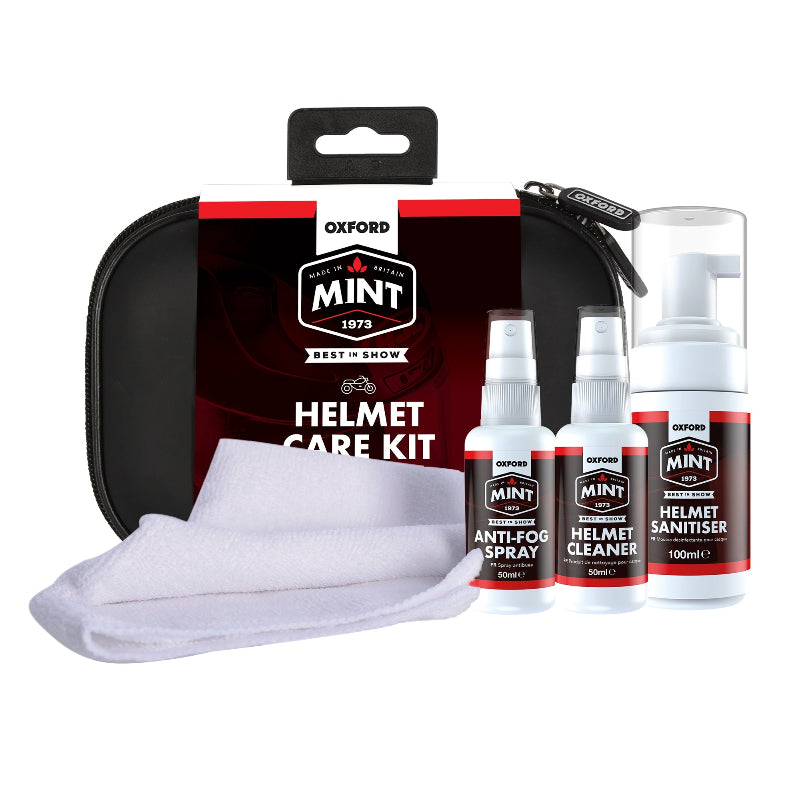 Oxford Mint Helmet Care Kit with a black zippered case, helmet cleaner spray, anti-foam spray, foam bottle, and a white microfiber cloth on a white background.