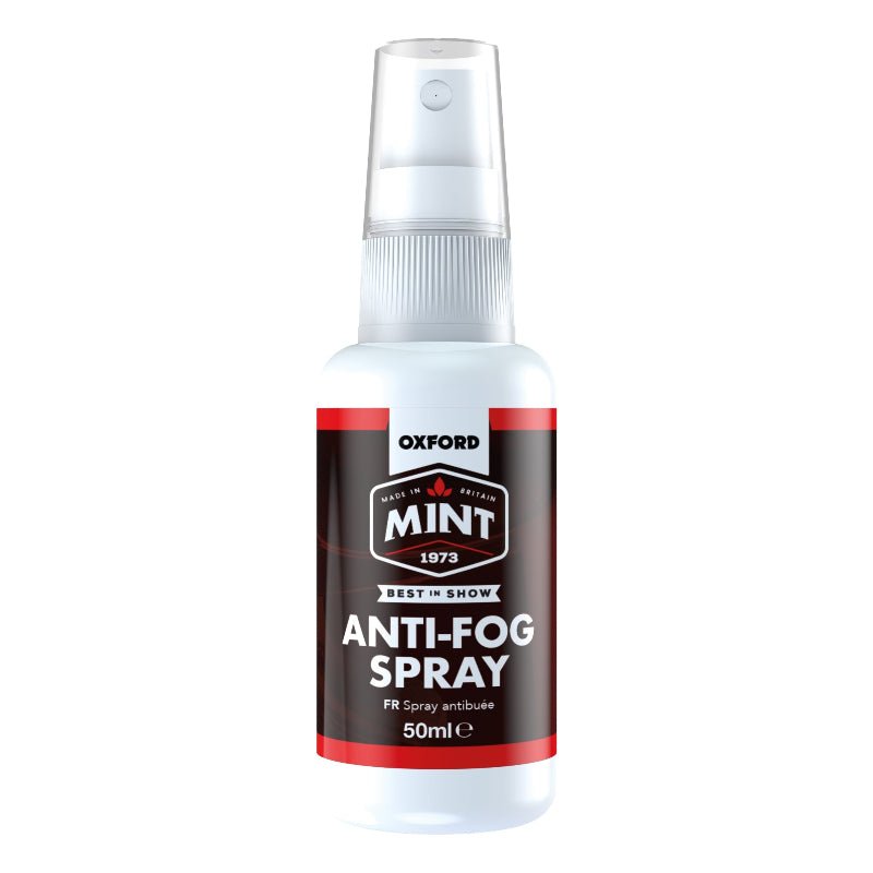 A 50ml bottle of Mint Anti-Fog Spray by Oxford, featuring a white plastic bottle with a clear spray cap and a black label with red and white accents.