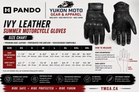 A size chart graphic for Pando Yukon Moto Gear & Apparel's 'Ivy Leather Summer Motorcycle Gloves'. The chart features a size table from XS to 3XL with hand measurements in inches and centimeters, alongside diagrams showing how to measure hand circumference, hand circumference in centimeters, hand length, and hand length in centimeters.