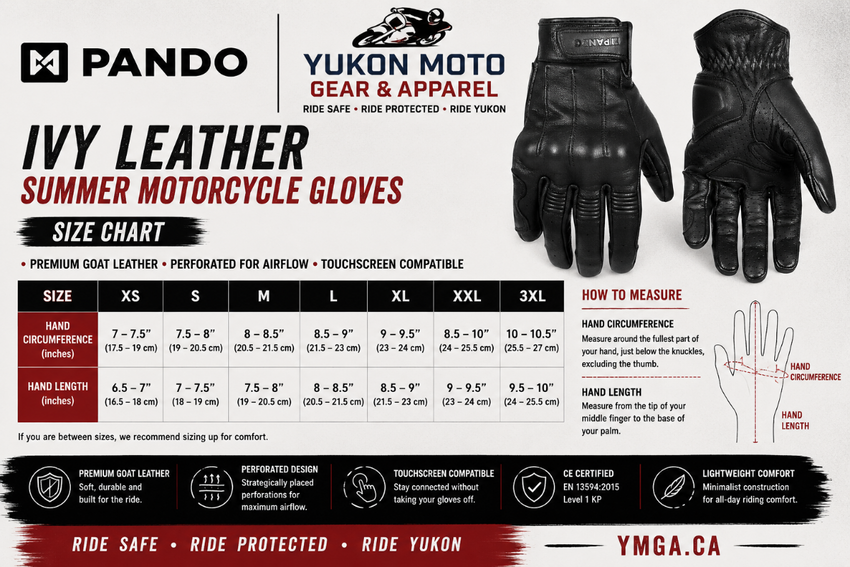 A size chart graphic for Pando Yukon Moto Gear & Apparel's 'Ivy Leather Summer Motorcycle Gloves'. The chart features a size table from XS to 3XL with hand measurements in inches and centimeters, alongside diagrams showing how to measure hand circumference, hand circumference in centimeters, hand length, and hand length in centimeters.