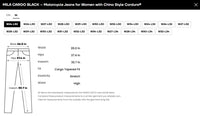 Product size guide for MILA Cargo Black motorcycle jeans on a white background