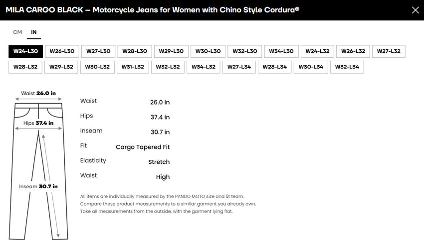 Product size guide for MILA Cargo Black motorcycle jeans on a white background