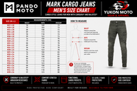 Men's size chart for Mark Cargo Jeans with Pando Moto and Yukon Moto branding.