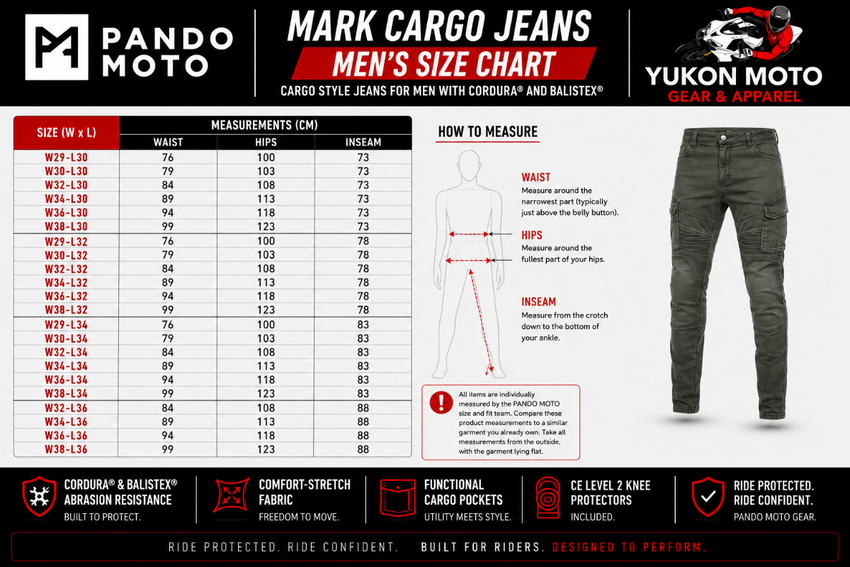 Men's size chart for Mark Cargo Jeans with Pando Moto and Yukon Moto branding.