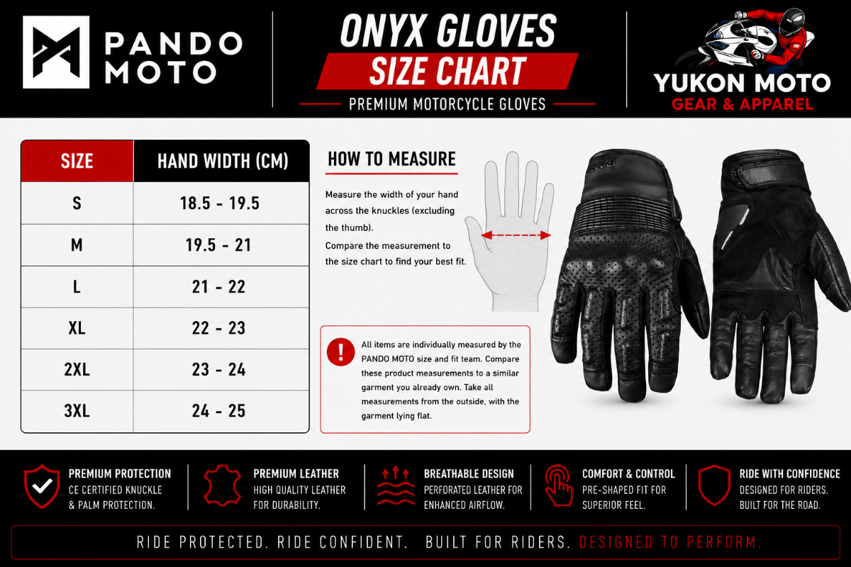 Pando ONYX-02 Leather Motorcycle Gloves Canada Size Chart