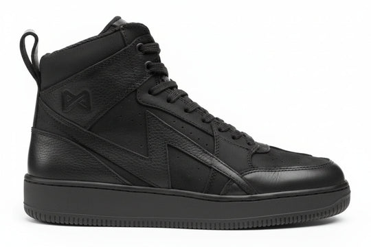 Side view of the Pando Moto APEX Motorcycle Riding Sneaker in black featuring a premium full-grain leather upper, high-top lace-up design, reinforced ankle protection, perforated side panels, and a durable low-profile sole. CE EN 13634:2017 certified motorcycle sneaker built for urban commuting, touring, and all-day comfort on and off the bike.