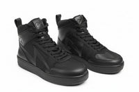 Pair of Pando Moto branded Apex black high-top sneakers on a white background