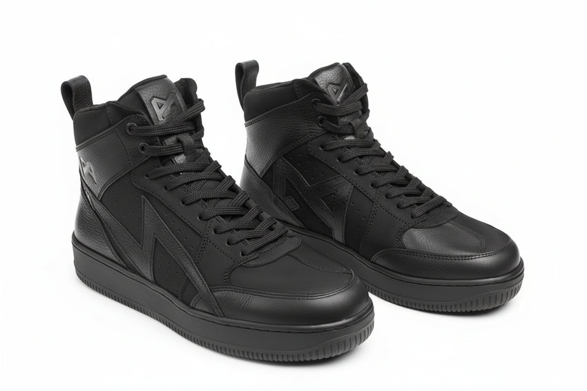 Pair of Pando Moto branded Apex black high-top sneakers on a white background