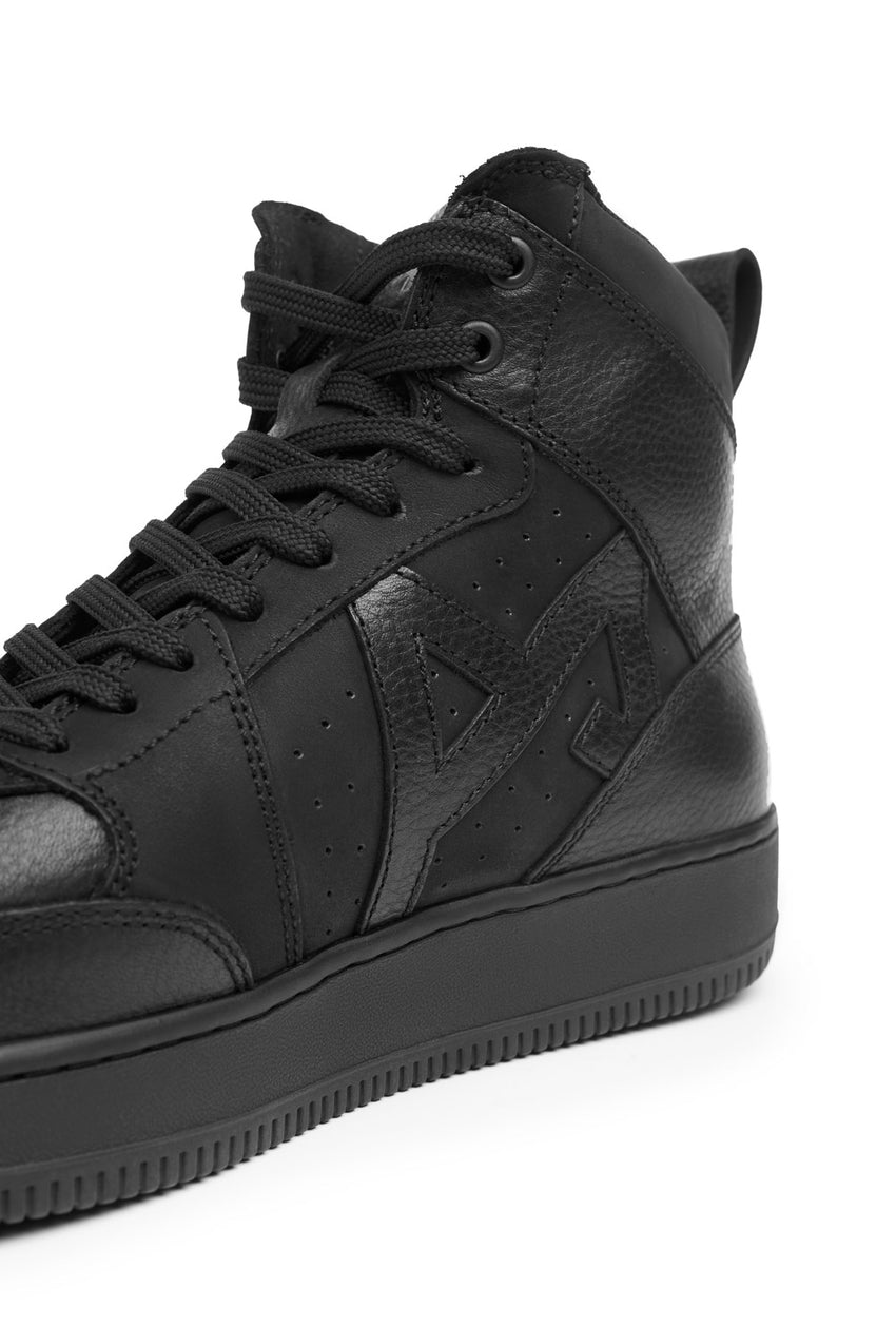 Pando Motor branded Apex lack high-top sneaker close up side view on a white background