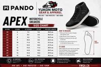 A Pando Apex Motorcycle Sneakers size chart and fit guide infographic. The graphic features a black and white sneaker on the top right, a detailed size table for EU, US Men, US Women, and UK sizes on the left, and a step-by-step foot measurement diagram on the right.