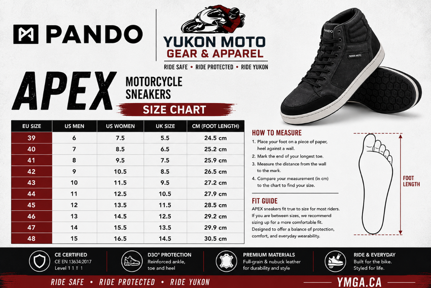 A Pando Apex Motorcycle Sneakers size chart and fit guide infographic. The graphic features a black and white sneaker on the top right, a detailed size table for EU, US Men, US Women, and UK sizes on the left, and a step-by-step foot measurement diagram on the right.
