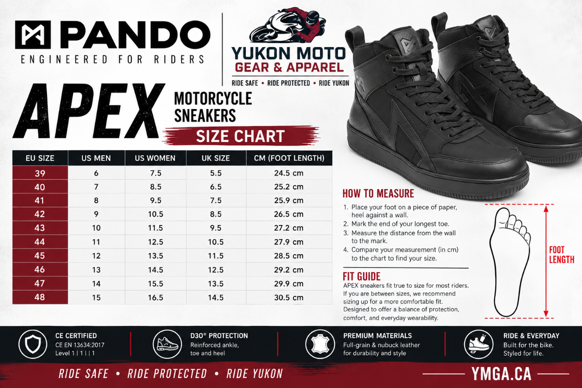 Pando Moto APEX Motorcycle Sneakers Canada Size Chart