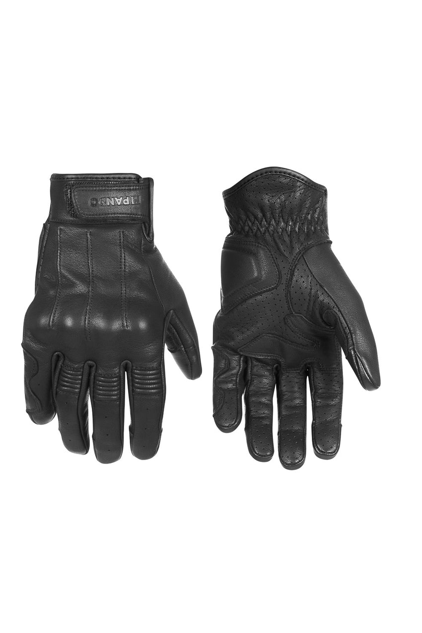 Pair of black Pando Moto IVY motorcycle leather gloves on a white background