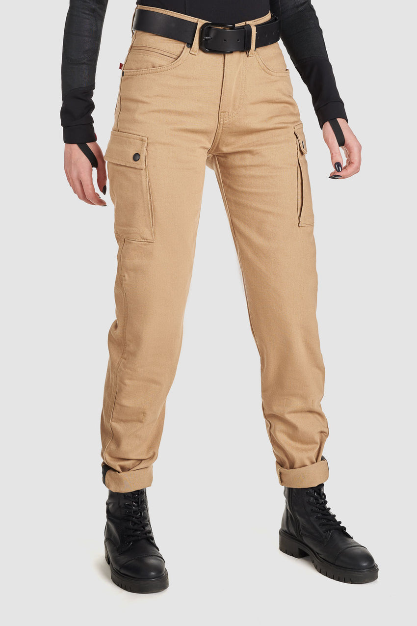 Pando Moto Beige MILA Motorcycle cargo pants worn by a person on a white background