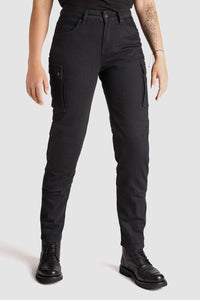 Person wearing Pando Moto black Mila motorcycle pants on a white background
