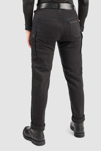 Pando Moto Black Mila motorcycle cargo pants rear side worn by a person on a white background