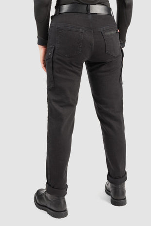 Pando Moto Black Mila motorcycle cargo pants rear side worn by a person on a white background