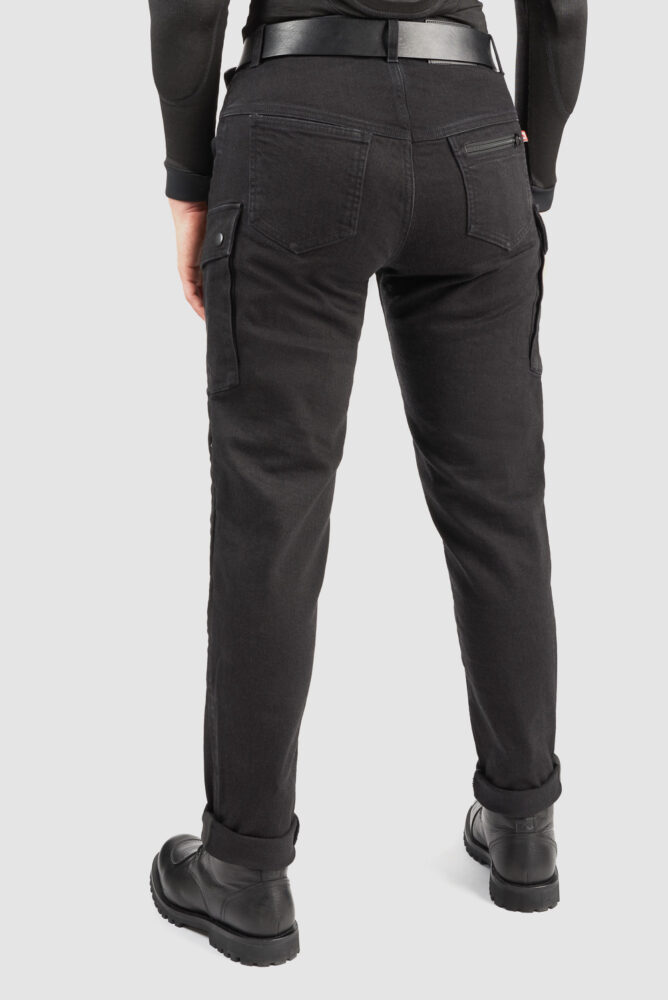 Pando Moto Black Mila motorcycle cargo pants rear side worn by a person on a white background