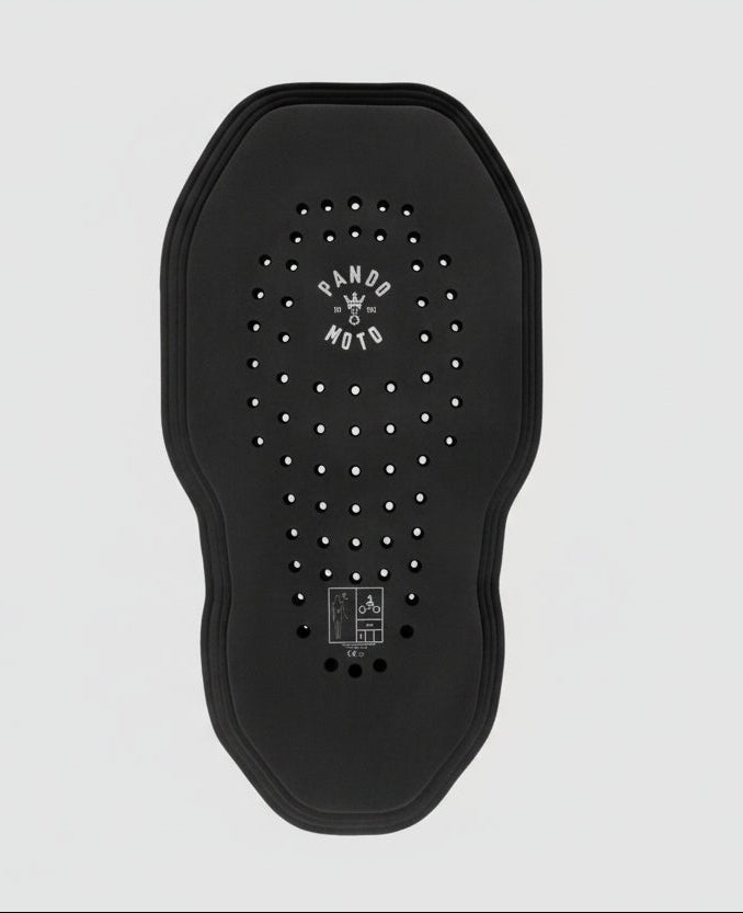 Black Motorcycle protective pad with 'Pando Moto' branding on a gray background