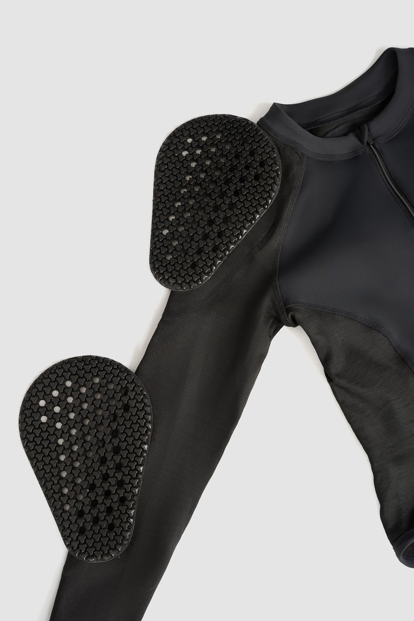 The Pando Moto Shell WW in black showing the protective armour with placement areas on a grey background