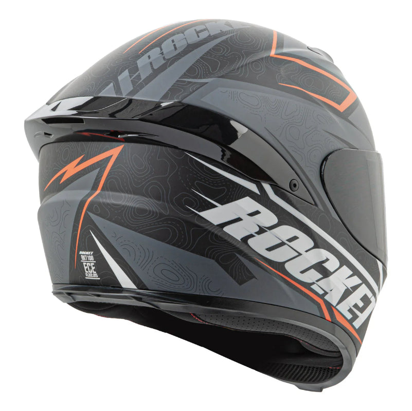Black and orange motorcycle helmet with 'Rocket' branding on a white background
