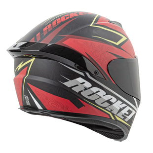 Red, black, and yellow motorcycle helmet with 'Rocket' branding on a white background