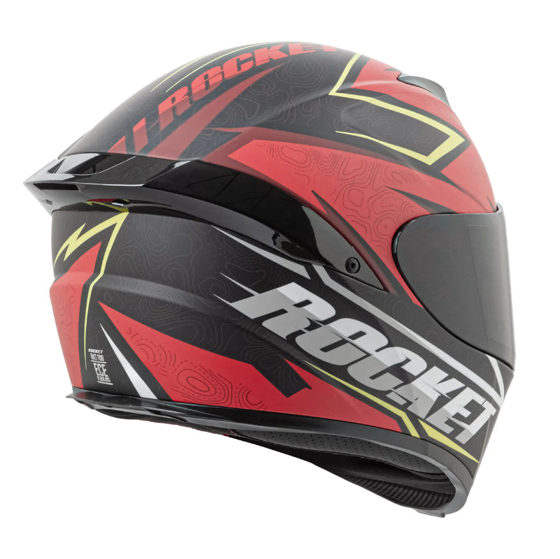 Red, black, and yellow motorcycle helmet with 'Rocket' branding on a white background