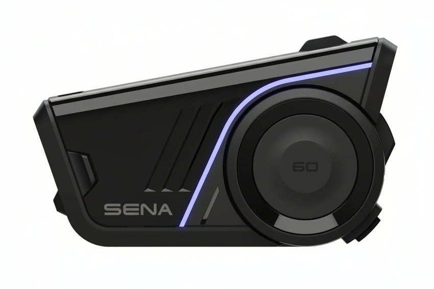 SENA 60S Bluetooth Communication System with Wave Intercom, including a headset with a microphone, two speakers, and a control unit.