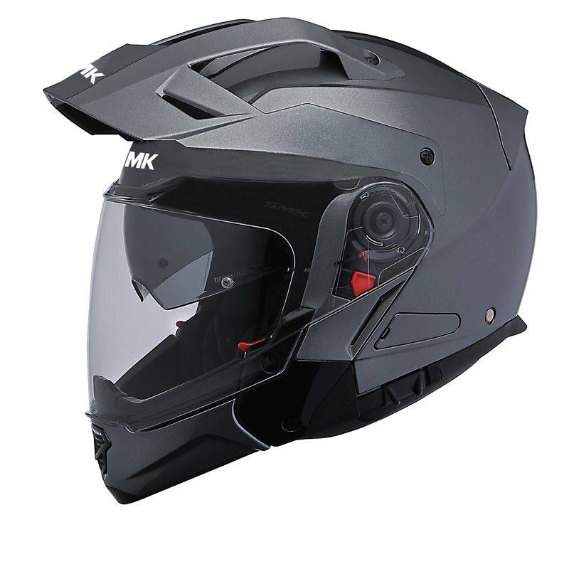 Grey modular motorcycle helmet with a clear visor and ventilation system