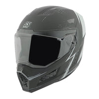 Black motorcycle helmet with a clear visor on a white background