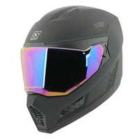 Black motorcycle helmet with a colorful visor on a white background