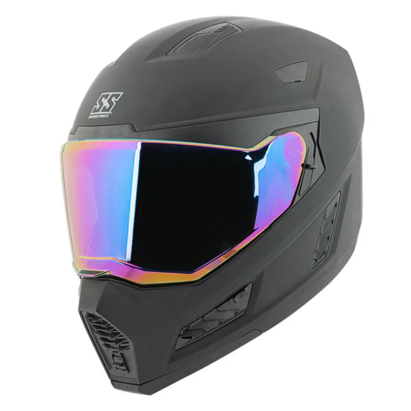Black motorcycle helmet with a colorful visor on a white background